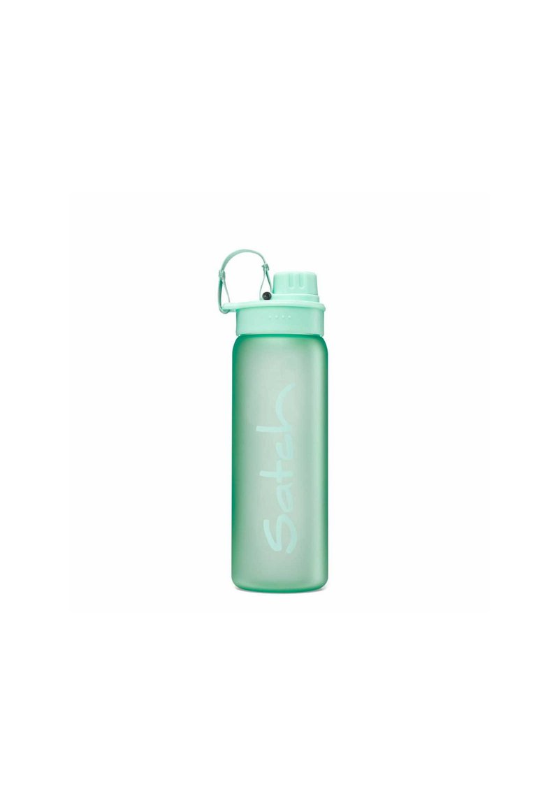 Transparent green water bottle with a textured finish, screw-on lid, and a clip attachment. Features a white brand logo on one side.