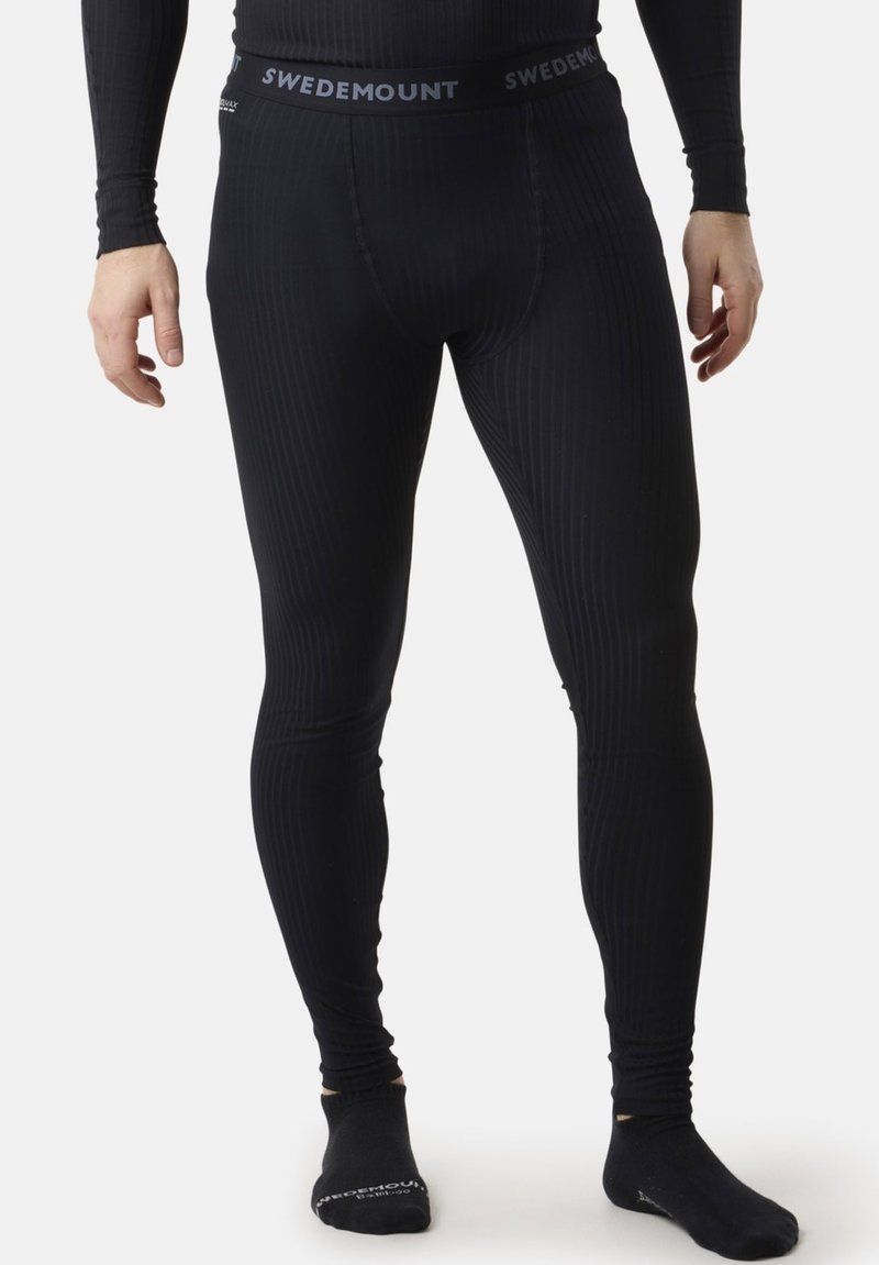 Black thermal leggings with a ribbed texture and an elastic waistband featuring "SWEDEMOUNT" branding. Fitted design.
