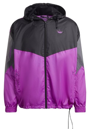 Sort, lilla og grå Adidas hættetrøje med lynlås foran, elastiske manchetter, sidelommer med lynlås og logo på bryst og ærme.