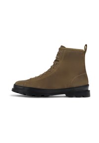 Botas de cuero verde oliva hasta el tobillo con puntera redondeada, cierre de cordones en la parte frontal y suela de goma negra. Cuenta con un lazo en el tacón para facilitar su uso.