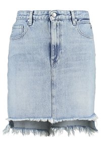 Jeanskjol i ljusblått med rak silhuett, fransad nederkant, knappstängning fram och bakfickor. Klassisk femficksdesign.