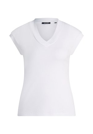 Weißes Damen-T-Shirt mit kurzen Ärmeln, V-Ausschnitt, taillierter Passform und JOOP!-Markenlabel innen im Kragen.