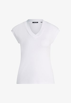 Witte dames T-shirt met korte mouwen en V-hals, aansluitende pasvorm en JOOP! merklabel aan de binnenkant van de kraag.