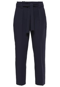 Pantalones de talle alto color navy hechos de una tela suave. Cuenta con un cinturón atado, pliegues y piernas acampanadas para una silueta estructurada.