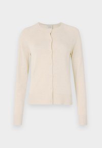 Cremfarbener Cardigan aus weichem Strickmaterial mit Rundhalsausschnitt, Knopfverschluss und gerippten Bündchen und Saum. Glatte Textur.