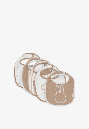 Set van vijf baby slabbetjes van zachte katoen. Kleuren zijn beige en wit met patronen van konijnen en strepen. Elk heeft een grote nekopening.