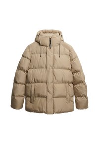 Beige pufferjakke med hætte, prydet med et quiltet design, to frontlommer og justerbare snore på hætten og lynlåsen.