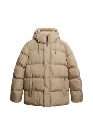Beige pufferjakke med hætte, prydet med et quiltet design, to frontlommer og justerbare snore på hætten og lynlåsen.