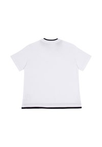 T-shirt bianco con maniche corte, collo rotondo a costine nere, design minimalista e cuciture visibili all'orlo.