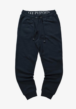 Pantalones de chándal azul marino de tejido suave, con cintura elástica y cordón de ajuste, dos bolsillos laterales y tobillos con puños.