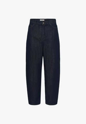 Pantalons en denim bleu foncé, avec une coupe décontractée, taille haute et design à cinq poches. Dispose d'une fermeture par bouton et d'un tissu texturé subtil.