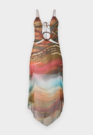 Multicolor sheer dress with adjustable spaghetti straps, cut-out details, and a flowing hem. Abstract pattern includes warm tones and turquoise accents.