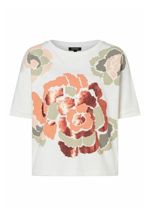 Weißes kurzärmliges Oberteil mit floralem Design in Koralle, Grün und Braun, verziert mit Pailletten für zusätzliche Textur und Details.