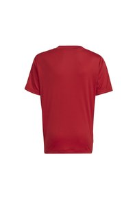 Camiseta roja de manga corta con cuello redondo vista desde la parte posterior sobre un fondo blanco.