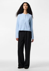 Pikate lokkidega naine, kes kannab helesinist nööpidega kampsunit ja musta triibulist laia jalaga pükse, seisab valge tausta ees.