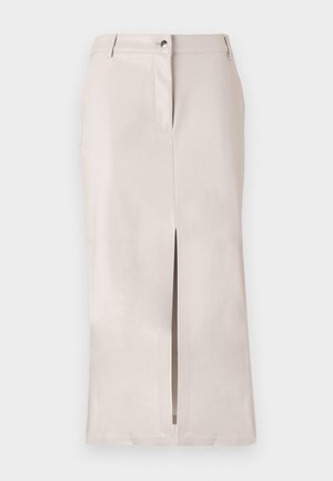 Beige satin midi skirt with a front slit, featuring a waistband, button closure, and side pockets. Smooth texture and tailored fit.