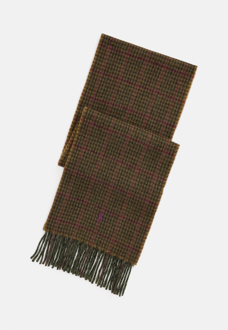 Μαλλίνο κασκόλ σε σκούρο καφέ χρώμα με καρό σχέδιο σε πράσινο, μωβ και πορτοκαλί. Ολοκληρωμένο με φριζαριστές άκρες για επιπλέον υφή.