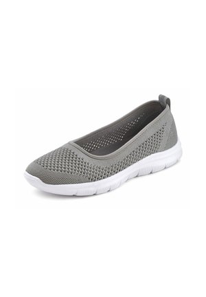 Gray lightweight slip-on shoe with a breathable mesh upper, textured surface, and a white flexible sole. Rounded toe with subtle stitching details.