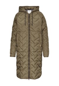 Gequiltede lange jas in olijfgroen, met een capuchon, een ritssluiting aan de voorkant, twee zakken en een textuur met een chevronpatroon op de stof.