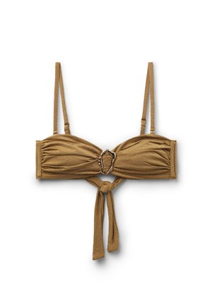 Brun, tekstureret croppet bikinitop med justerbare tynde stropper, guldfarvet ringdetalje i midten og knude foran.