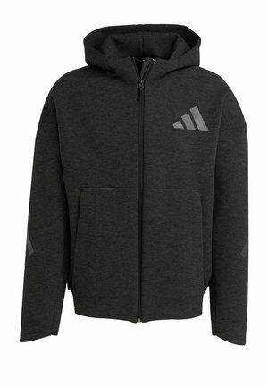 Crni zip-up dukserica s kapuljačom, izrađena od mekog materijala, s prednjim džepom, suptilnim logotipskim detaljima i kontrastnim zakrpama na laktovima.