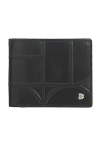 Portafoglio in pelle nera con un design geometrico texture, un logo argentato e cuciture eleganti a contrasto lungo i bordi.