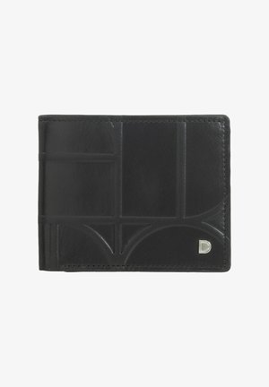 Schwarzer Ledergeldbeutel mit einem strukturierten geometrischen Design, einem silbernen Logo-Akzent und kontrastierenden, eleganten Nähten entlang der Kanten.