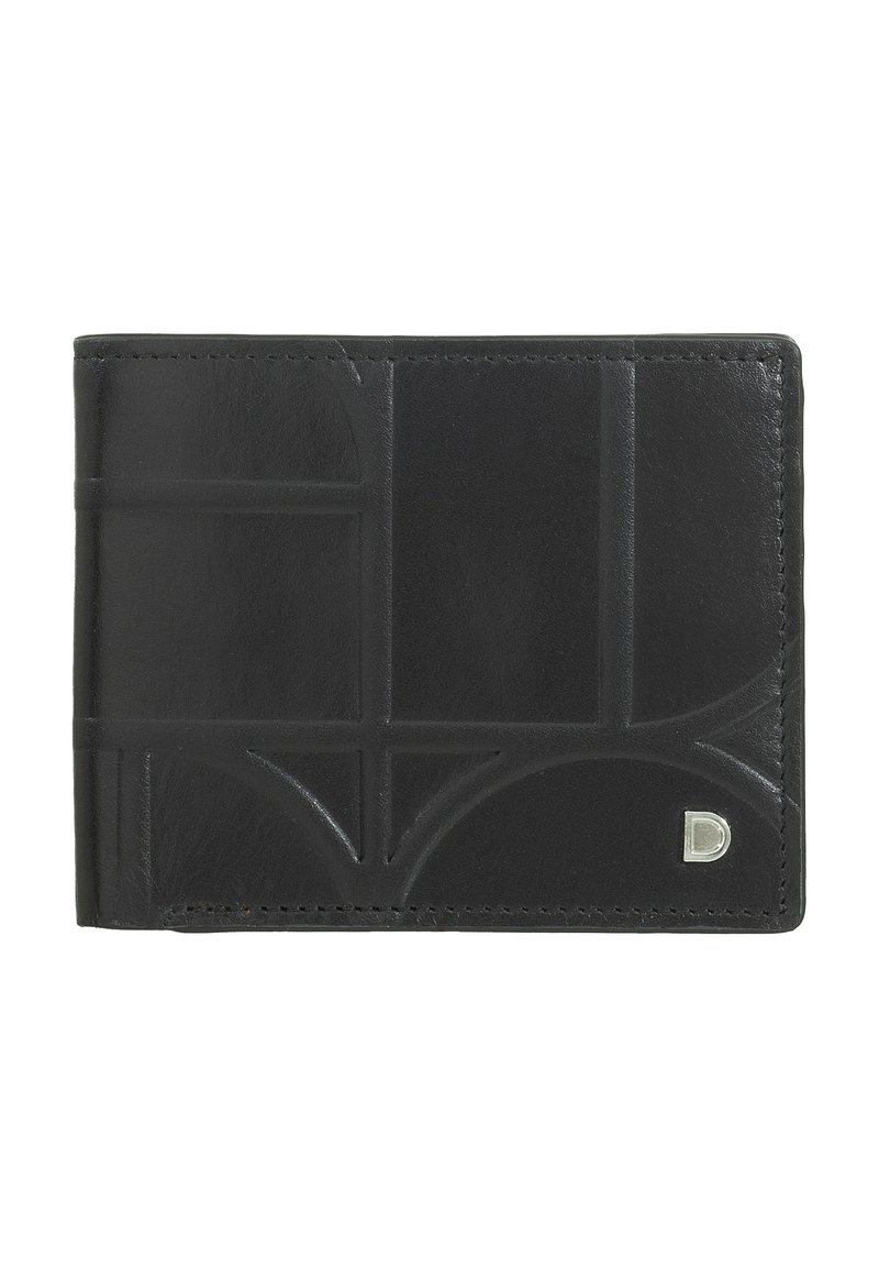 Portafoglio in pelle nera con un design geometrico texture, un logo argentato e cuciture eleganti a contrasto lungo i bordi.