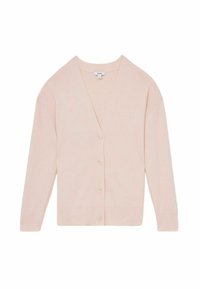 Cardigan rosa pallido con scollatura a V, maniche lunghe e polsini a costine. Presenta sei bottoni sulla parte frontale e una texture a maglia liscia.