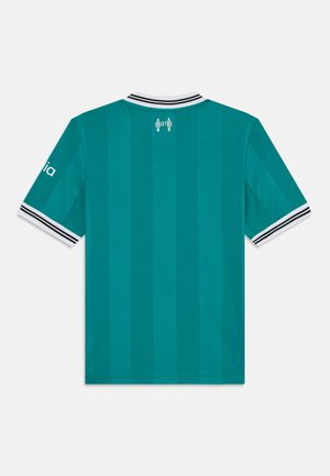 Jersey de manga corta en color verde azulado con rayas verticales. Presenta un cuello a rayas en blanco y negro y una marca en la manga izquierda. Se muestra la vista trasera.