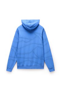 Hanorac albastru cu un design texturat, cu linii subtile, glugă cu șnur și mansete și tiv din rib. Fabricat dintr-un material moale și elastic.