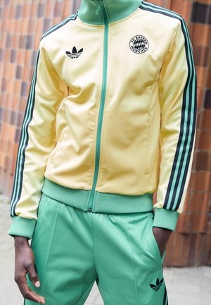Żółto-zielona sportowa kurtka i spodnie Adidas z logo FC Bayern Monachium, osoba stojąca z jedną ręką w kieszeni na tle ceglanej ściany.