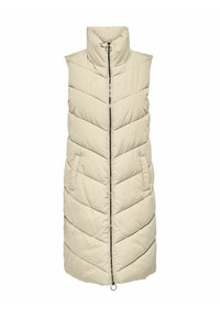 Beżowa bezrękawnikowa kamizelka puchowa z wysokim kołnierzem, zamek błyskawiczny i wzór o chevronowym pikowaniu; posiada dwie przednie kieszenie.