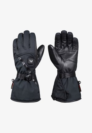 Mustat hanskat, joissa on pehmeäkuorinen kangas ja nahkainen kämmen. Säädettävä rannekkeen nauha ja logo yksityiskohtana ulkopuolella. Täysipituinen sormimuotoilu.