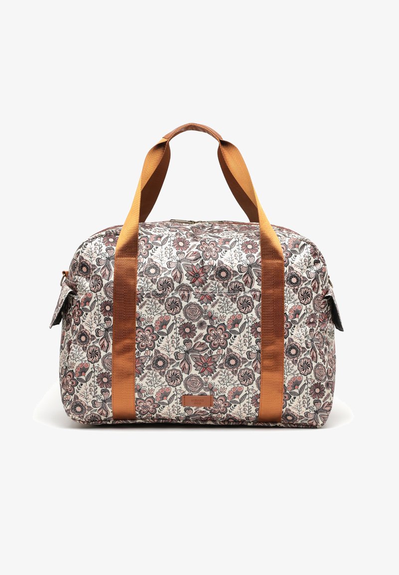 Blumenmuster Tasche mit einem cremefarbenen Hintergrund, der Rot- und Grüntöne aufweist. Braune Griffe aus strukturiertem Stoff. Mit Reißverschluss.