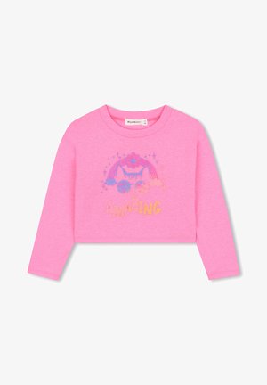 Pink long-sleeve cropped shirt with cat wearing sunglasses, rainbow, flower, stars, and the word "AMAZING" in glittery text.