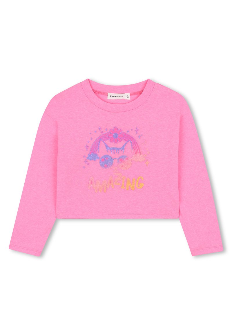 Roze langemouwen crop top met een kat die een zonnebril draagt, een regenboog, bloemen, sterren en het woord "AMAZING" in glinsterende tekst.