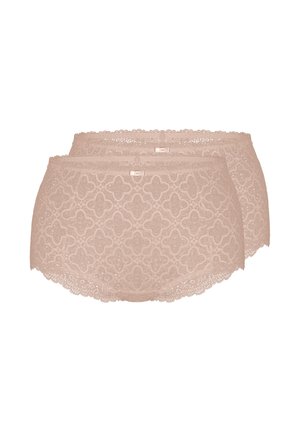 Zwei beige Spitzen-Hipster-Damenunterhosen mit floralen Mustern und kleinen dekorativen Schleifen in der Mitte des Bundes.