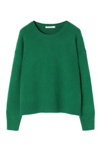 Pull en tricot vert à manches longues avec encolure ronde et poignets et ourlet côtelés, taille medium, présenté sur un fond blanc.