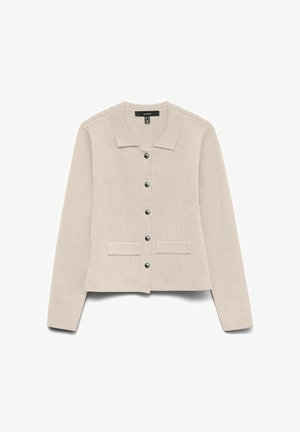 Helebeež kardigan pikkade varrukatega, krae, kuus musta nööpi ja kaks esist taskut. Tekstureeritud kangas ja lühendatud disain.