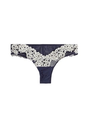 Marineblå blonde-trusse med hvid blomsterblondekant langs linningen og frontpanelet.