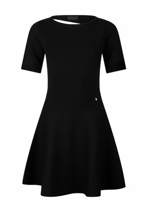 Abito nero con maniche corte, corpino aderente e gonna svasata. Presenta una scollatura rotonda con un taglio a forma di chiave e un piccolo accento con logo.