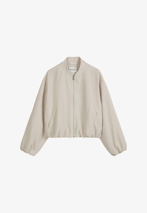 Lichtbeige cropped bomberjack gemaakt van gladde stof, met een rits aan de voorkant, een ronde kraag en elastische manchetten, voorzien van twee zijzakken.