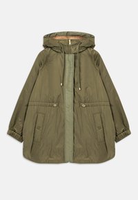 Olijfgroene hoodie met voorrits, capuchon met trekkoord, drukknopen zakken, elastische manchetten en verstelbare taille details.