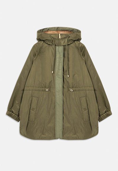 Olive green hooded jacket with front zipper, drawstring hood, snap-button pockets, elastic cuffs, and adjustable waist details.