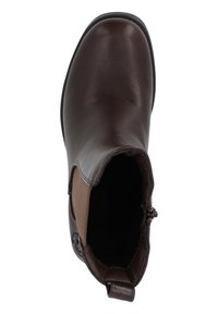 Stivale alla caviglia in pelle marrone con pannelli elastici laterali, punta arrotondata e linguetta. Presenta una texture liscia e suola in gomma resistente.