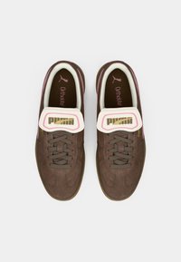 Smeđe suede tenisice s bijelim remenom na kojem je zlatni natpis. Ružičasti detalji na peti i unutarnjim sole. Klasični dizajn s vezanjem.