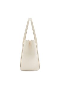 Sac en cuir beige avec une forme structurée, doté de deux poignées allongées et d'une surface lisse et texturée. Design épuré et minimaliste.