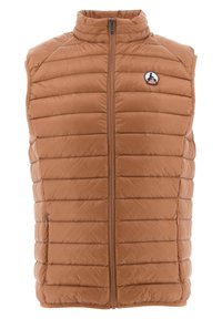 Bruine puffer vest met hoge kraag, ritsluiting aan de voorkant en horizontale gestikte structuur. Heeft een logo op de linkerborst.