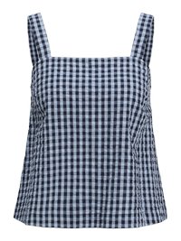 Débardeur en coton à carreaux bleu marine et bleu clair, avec encolure carrée et larges bretelles, présentant un ruché sur les côtés et une coupe décontractée.